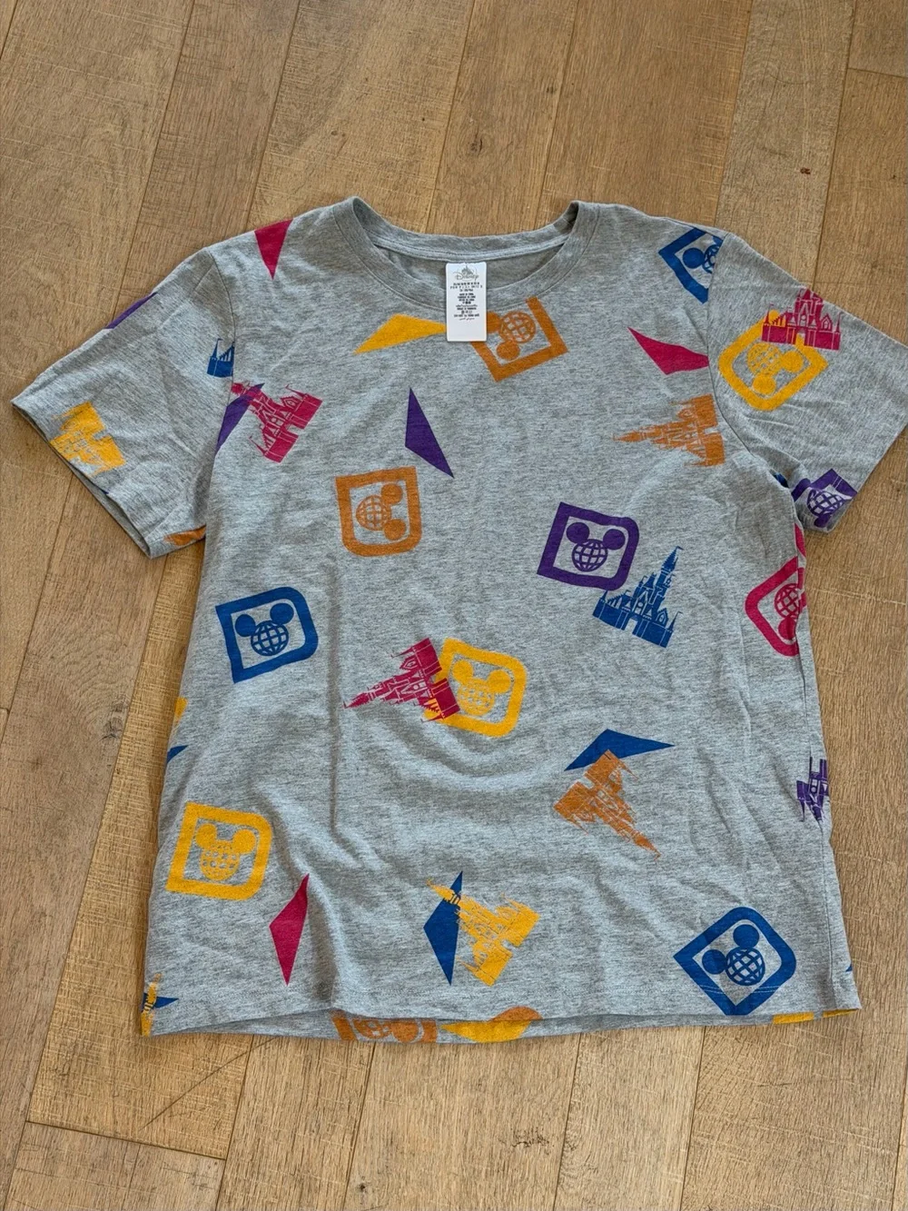 Disney Gray Tee with Multicolor Castle & Icon Prints